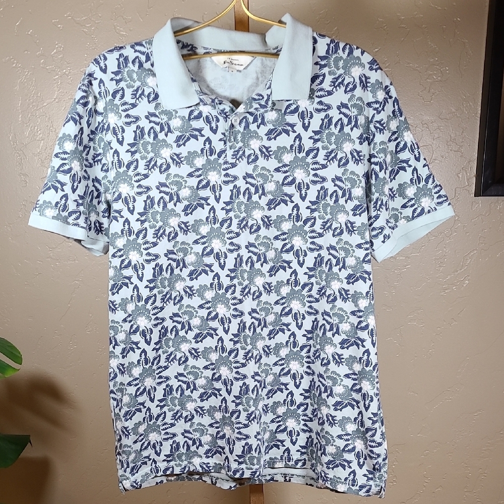 Ben Sherman Green Blue Polo with Elegant Floral Design Medium 100% Cotton